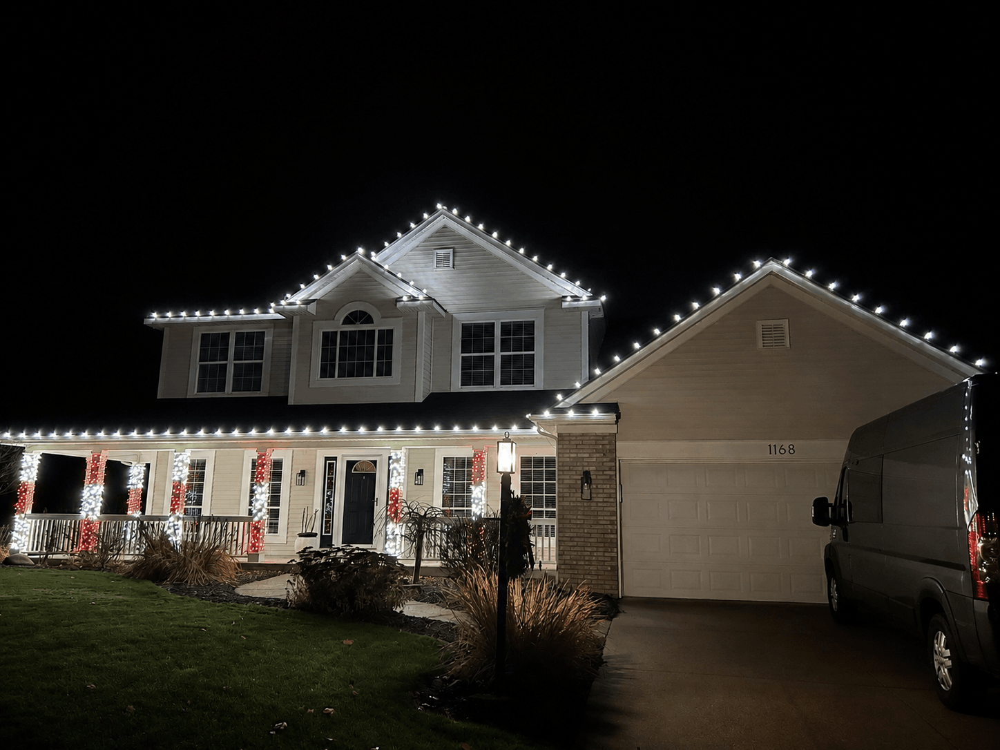 Cool white Christmas lights with candy cane pillars